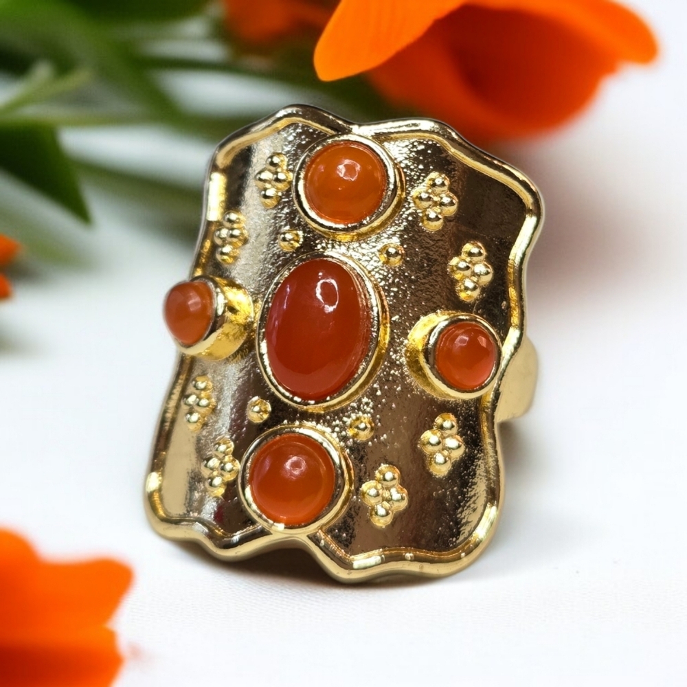 18k Gold Plated Carnelian Cross Shield Etruscan Ring